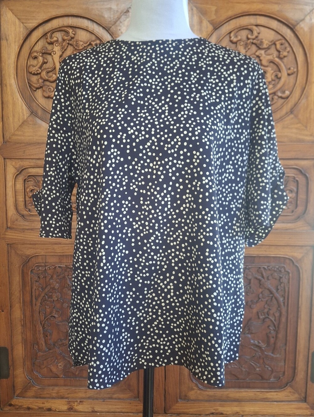 mts Navy and White Polka Dot Short-Sleeve Blouse